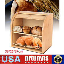 2-Layer Bread Box Bread Keeper Bamboo Wood With Lid Kitchen Storage Containers picture
