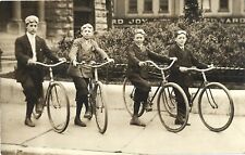 4 boys with vintage safety bicycles/goggles; nice 1910s RPPC picture