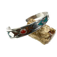 Vintage DT Navajo Sterling Silver Turquoise Coral Chip Inlay Cuff 16g 6.25 in picture