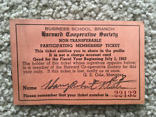 Harvard Cooperative CARD Society BUSINESS SCHOOL Membership Ticket 1943 picture