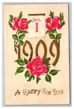 Postcard Happy New Year Embossed 1909 Pink Flowers Jan 1 picture