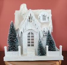 White Village Paper Cottage Glitter Brush Trees Christmas Winter Scene picture