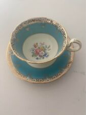 Vintage Aynsley Bone China Tea and Saucer Blue Gold Gilding Pink  Flower picture