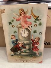 Vtg Postcard Embossed A Happy New Year Children Clock & Shamrocks picture