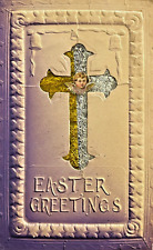 Easter Postcard Heavily Embossed Nicely Airbrush Foil Cross Purple Vintage VC picture