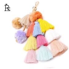 Boho Pompom Tassel Keychains - Layered Cotton Bag Charms Women Accessories 1pc picture