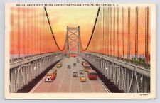 c1940s~Camden NJ~Philadelphia PA~Delaware River Bridge~Dusk~Vintage VTG Postcard picture