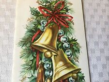 VTG 1940s  Christmas Greeting Card golden bells with holly pine picture