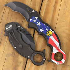 PacSol USA Flag Punisher Skull Stainless Spring Assist Karambit Knife Black G10 picture