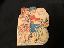 Vintage Children, Bicycle & Cocker Spaniel Type Dog Birthday Card c. 1940s picture