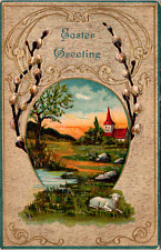 An Easter Greeting Baby Lamb Church In a Beautiful Meadow Vintage 1908 Postcard picture