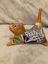Talavera Mexican Pottery Cat Figurine 5.5”T X 6”W Orange And Blues Hand Painted picture