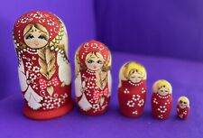 Russian Nesting  Matryoshka Dolls Hand Painted Long Blonde Braid Set of 5 SALE picture