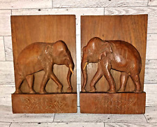 Vintage Carved Wood Elephant Bookends with Wooden Tusks Rustic Animal Theme picture