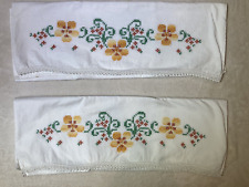 Vintage Pair Hand Cross-Stitched Embroidery Pillowcases yellow Flowers 29 x 21 picture
