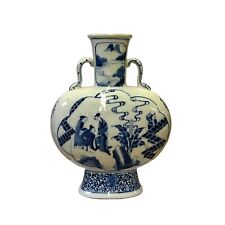 Chinese Blue White Porcelain Oval Flat Body People Theme Vase ws2991 picture