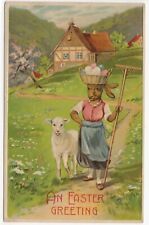 Easter Vintage Postcard Anthropomorphic Dressed Female Rabbit Rake Eggs BW 313 picture