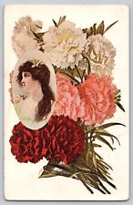 Postcard Beautiful Lady Woman Romantic Elegant Classic With Carnations Flowers picture
