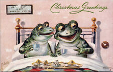 Two Frogs Breakfast in Bed Christmas Greetings Anthropomorphic Tuck Postcard G41 picture
