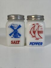 Vintage Hazel Atlas Milk Glass Salt & Pepper Shakers Windmill Sailboat USA Made picture