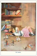 Postcard: Vintage repro print- Girl on Floor w/ Books Reads Alice in Wonderland  picture