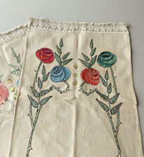 Antique Arts & Crafts Mission Roses Embroidered Table Runner 53”L 16.5”W Linen? picture