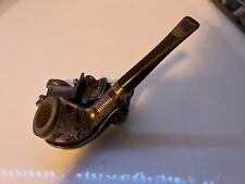 ANTIQUE PIPE WITH STERLING SILVER INLAY OF RACE HORSE WITH CAR PIPE STAND picture