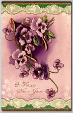 Vtg A Happy New Year Greeting Purple Flowers Embossed 1909 Old Postcard picture
