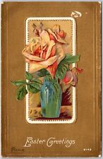 1909 Easter Greetings Roses Flowers In Vase Posted Postcard picture