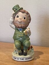 Irish Leprechaun Figurine “Top O’ the Morning” pipe & Bottle Cask, Green Vest 5” picture