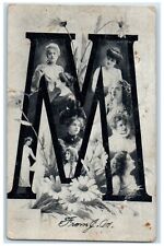 1908 Large Letter M Pretty Woman Daisy Flowers Preston Idaho ID Antique Postcard picture