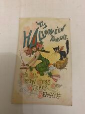 1910 'Tis Halloween Tonight Embossed Postcard Witch and Black Cat On Broom picture