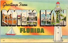 Large Letter Greetings from Daytona Beach, Florida- Linen Postcard- Lighthouse picture