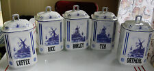 5 ANTIQUE MZ CZECHOSLOVAKIA BLUE & WHITE WINDMILL CANISTERS picture