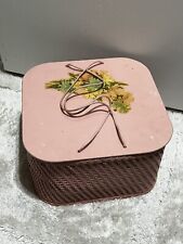 Vintage Princess Square PINK Wicker Sewing Basket Box Floral Craft Notions picture