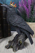 Macabre Gothic Royal Crowned Raven King Perching On Tree Stump Figurine 6.5
