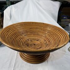 Vintage Pencil Reed Rattan Round Basket Bowl with Pedestal 12 in Diameter picture