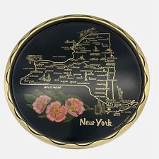 Vintage New York Souvenir Metal Tray State Map Flower Wild Rose Black Gold 11