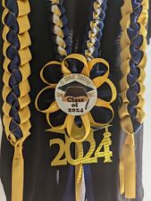 2024 Graduation Ribbon lei navy blue & light gold Set Of Open Lei & Rosette Lei picture