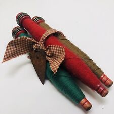 Antique Wooden Spools Country Primitive Yarn Thread Red Green Brown Rustic Décor picture