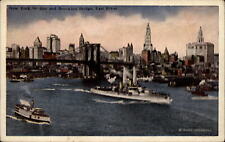 Skyline East River Brooklyn Bridge New York City ~ steamship & warship WWI era picture