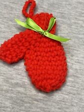 Vintage Handmade Crochet Christmas Ornament Mitten Red With Green Bow￼ picture