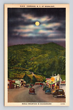 Postcard Cherokee NC Night Scene Noble Mountain  Cars Old Shell Gas Sign 1940s picture