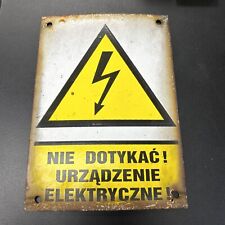 Vintage Sign Electric Danger Polish Voltage Porcelain Yellow Lightning Bolt 8x6 picture