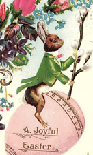 1907-15 Postcard Easter Dressed Rabbit Green Tuxedo Riding Egg Anthropomorphic picture