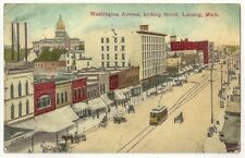 Lansing, MI, Postcard, Washington Ave, Prison Buildings, Trolly Snow VTG 1910s  picture