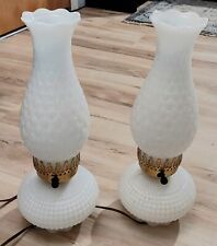 Pair Of Vintage White Milk Glass Hobnail Hurricane Parlor Table Lamps picture