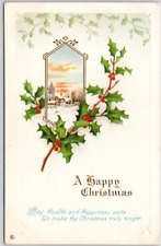 CHRISTMAS POSTCARD Country Scene, Holly Branch, 