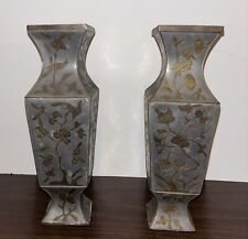 Pair of Vintage 9” Mid Century Chinese Pewter & Brass  Vases picture