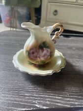 Vtg PITCHER & BOWL WASH BASIN WATER PITCHER MINI SMALL PINK ROSES GOLD HANDLE picture